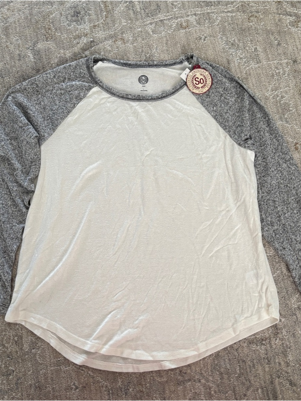 SO Women’s White Body with Gray Raglan Sleeves Long Sleeve Tee